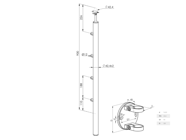Edelstahl Geländerpfosten Reling Seitenverankerung Ø42,4 Bauhöhe 1000mm mit Querstabhalter Ø12,0 Geländer V2A geschliffen K320